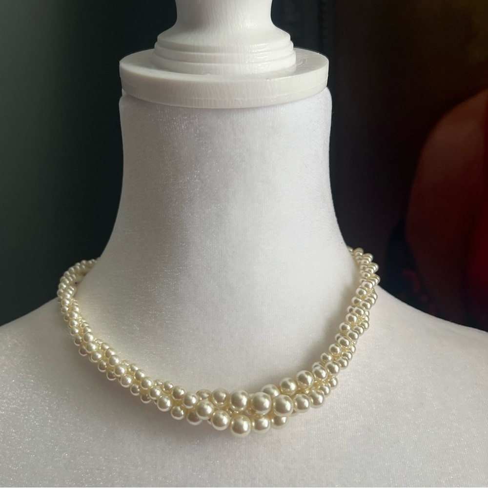 - Vintage Napier faux pearl triple rope necklace with gold tone clasp.